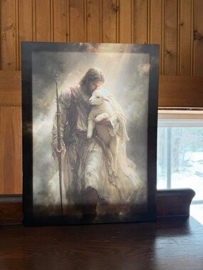 Framed Shepherd Jesus Canvas Art in Soft Neutrals